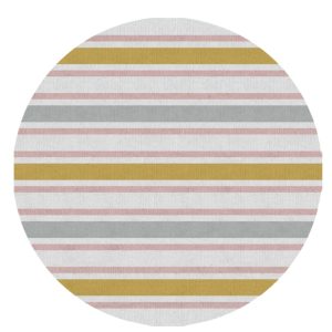 Tapete redondo listrado em Cores: Areia, Amarelo Mostarda, Cinza Claro e Rosa Seco.