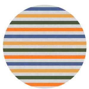 Tapete Redondo Listrado Colorido. Cores: Areia, Girassol, Laranja, Verde Azeitona e Azul Celeste.