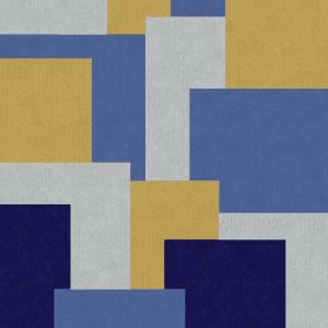 Tapete com formas geométricas Cores: Areia, Amarelo Mostarda, Azul Celeste, Azul Marinho e Cinza Claro.