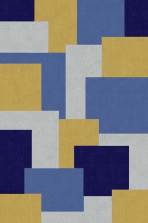Tapete com formas geométricas Cores: Areia, Amarelo Mostarda, Azul Celeste, Azul Marinho  e Cinza Claro.
