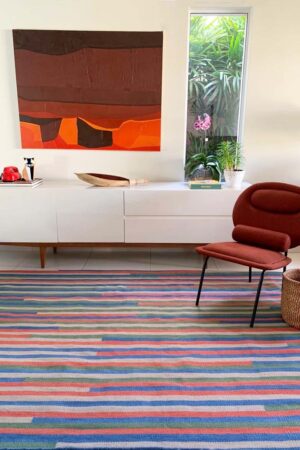 Tapete com listras finas em Cores: Azul Celeste, Café com Leite, Telha e Verde Azeitona