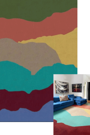 Tapete George com formas geométricas nas Cores Azul Celeste, Bordô, Jade, Café com Leite, Amarelo Mostarda, Telha e  Verde Azeitona