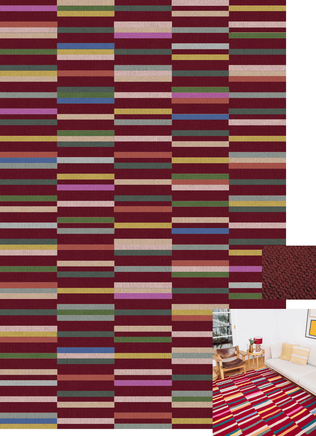 Tapete bordô listrado Anni l Koord Tapeçaria Tapete entre linhas Cores: Bordô, Rose, Caqui, Cinza claro, Café com leite, Azul celeste, Verde azeitona, Verde militar, Amarelo mostarda, Rosa seco e Telha.