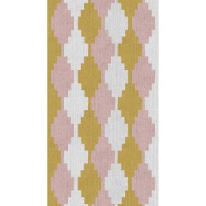 Tapete Passadeira com estampa triangular, Cores: Areia, Amarelo Mostarda e Rosa Seco.