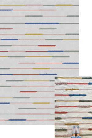 Tapete Artesanal com texturas colorido em Cores: Areia, azul celeste, amarelo mostarda, telha, rosa seco, caqui e mostarda l Koord Tapeçaria