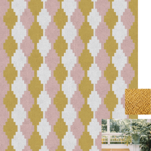 Tapete Artesanal Tomie com estampa triangular, Cores: Amarelo mostarda, Rosa seco e Cru l Koord Tapeçaria