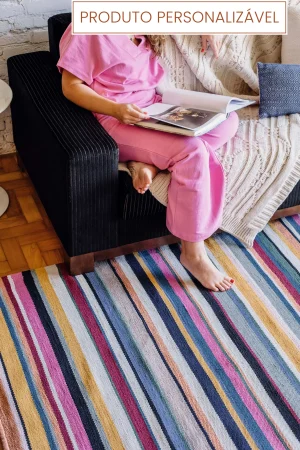 Tapete artesanal nácio Personalizável Listras Finas colorido feito à mão, 100% algodão reciclado l koord tapeçaria