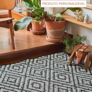 Tapete Macuxi Personalizável Cru e Preto geométrico feito à mão, 100% algodão reciclado